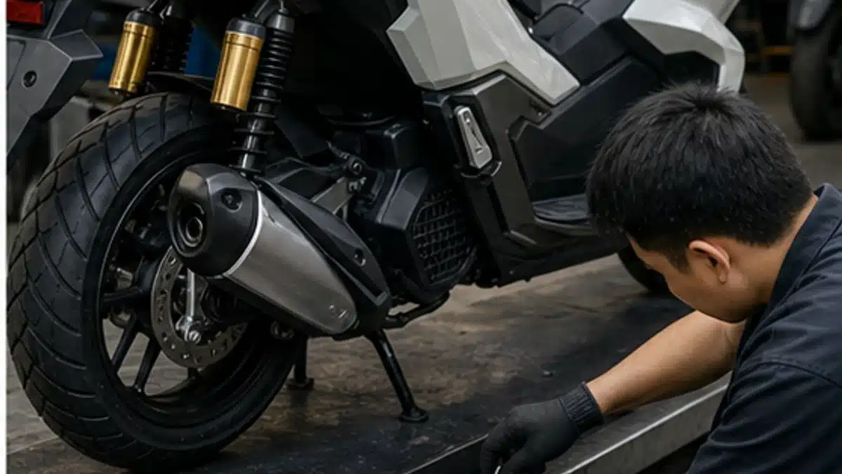 ช่างตรวจช่วงล่าง ล้อ และเบรกของสกูตเตอร์ก่อนซื้อ