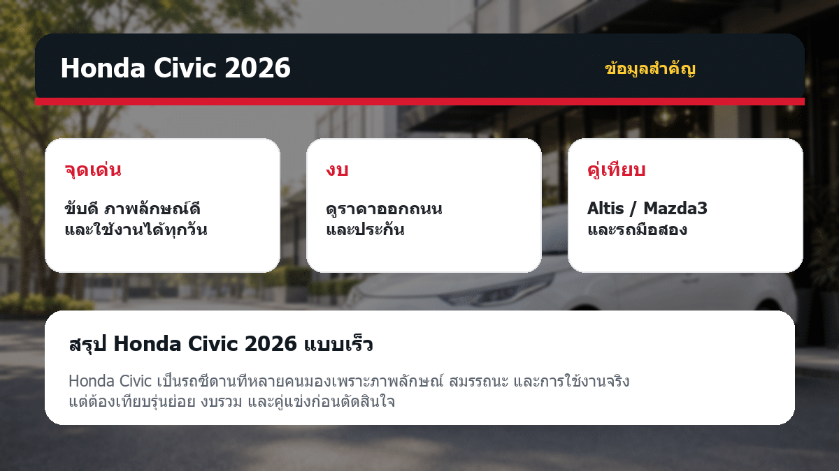 Honda Civic 2026 Honda Civic 2026 ตารางข้อมูลสำคัญ