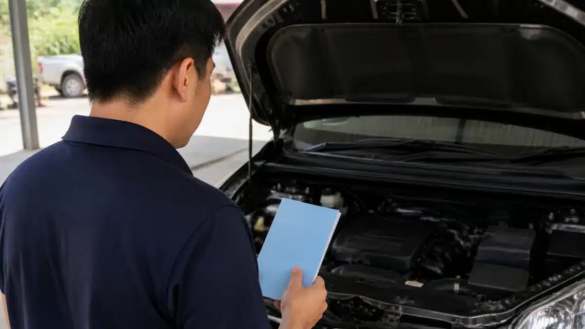 คนถือเล่มทะเบียนรถมือสองขณะตรวจห้องเครื่อง