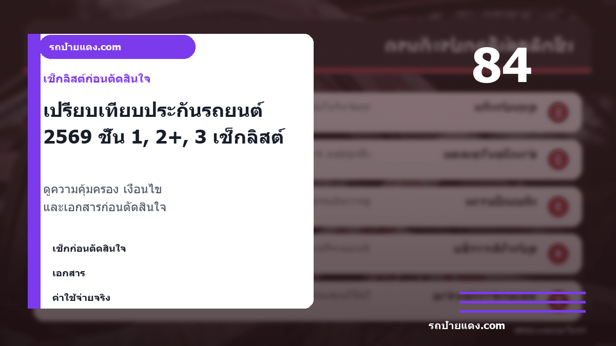เปรียบเทียบประกันรถยนต์ 2569 ชั้น 1, 2+, 3+ ต่างกันอย่างไร ภาพเช็กลิสต์