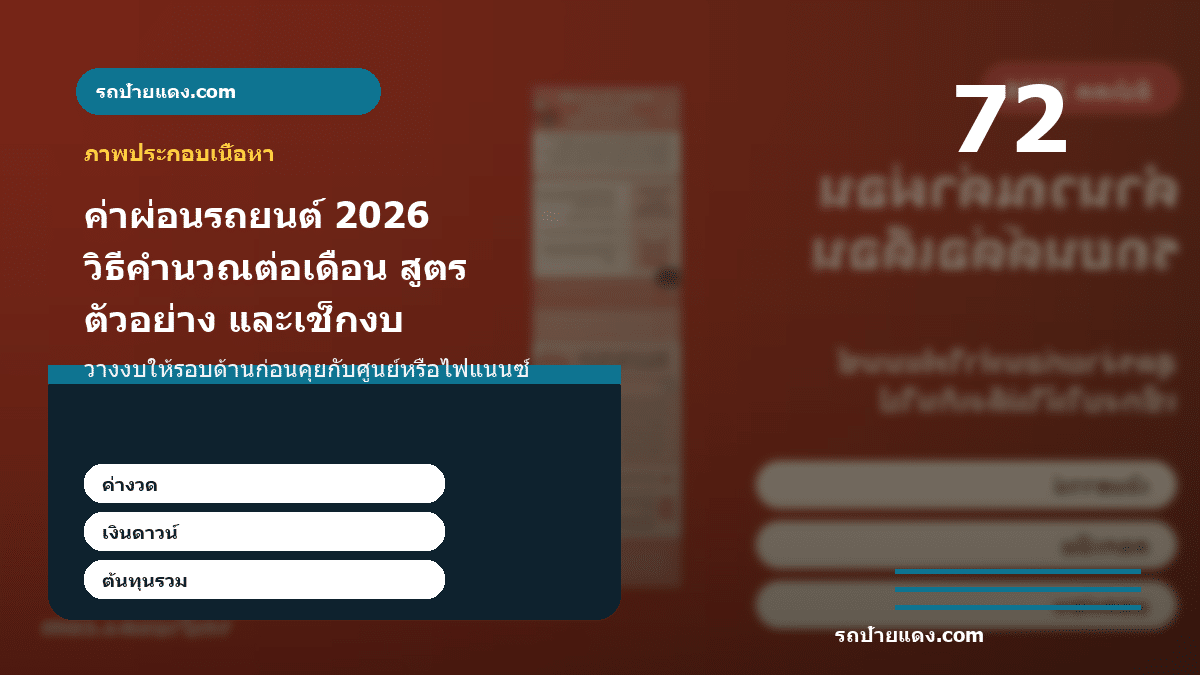 ค่าผ่อนรถยนต์ 2026 วิธีคำนวณต่อเดือน สูตร ตัวอย่าง และเช็กงบ ภาพประกอบ