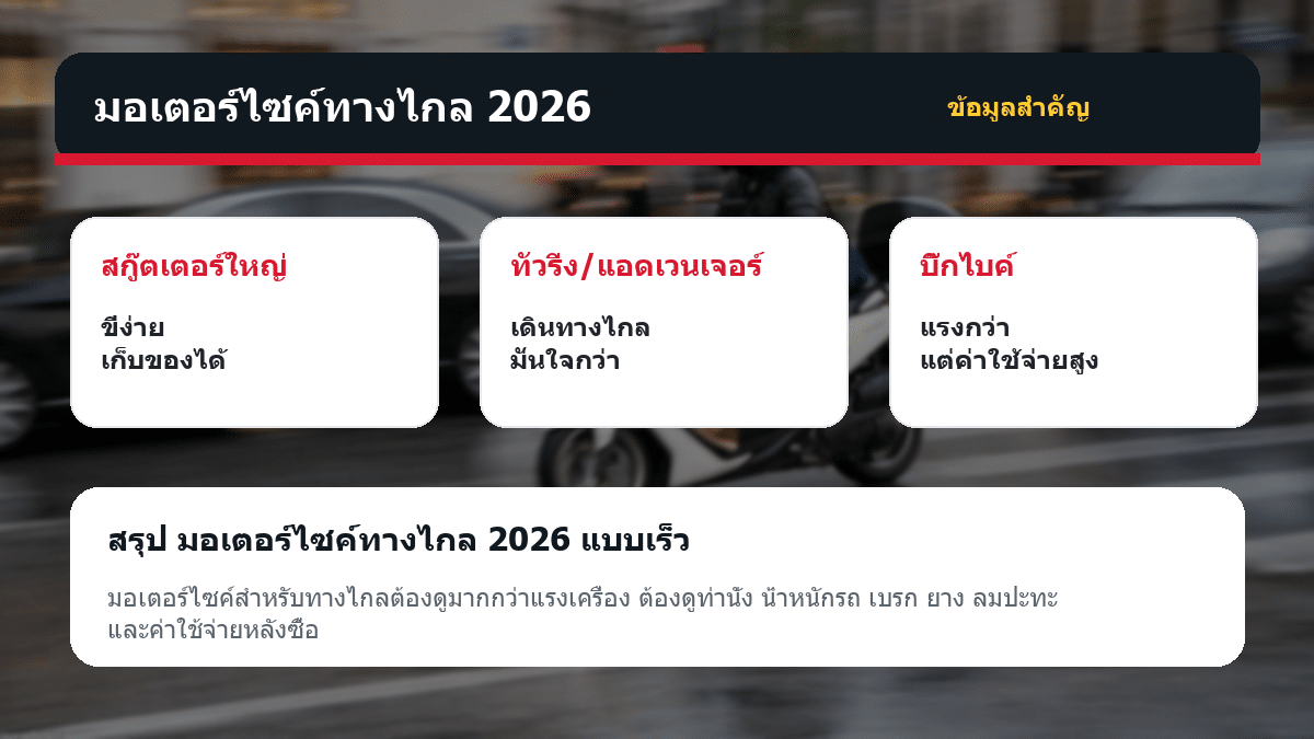 มอเตอร์ไซค์ทางไกล 2026 มอเตอร์ไซค์ทางไกล 2026 ตารางข้อมูลสำคัญ