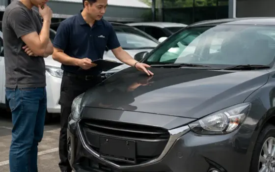 ผู้ซื้อและผู้ตรวจสภาพกำลังดูรถมือสองก่อนตัดสินใจจ่ายเงิน