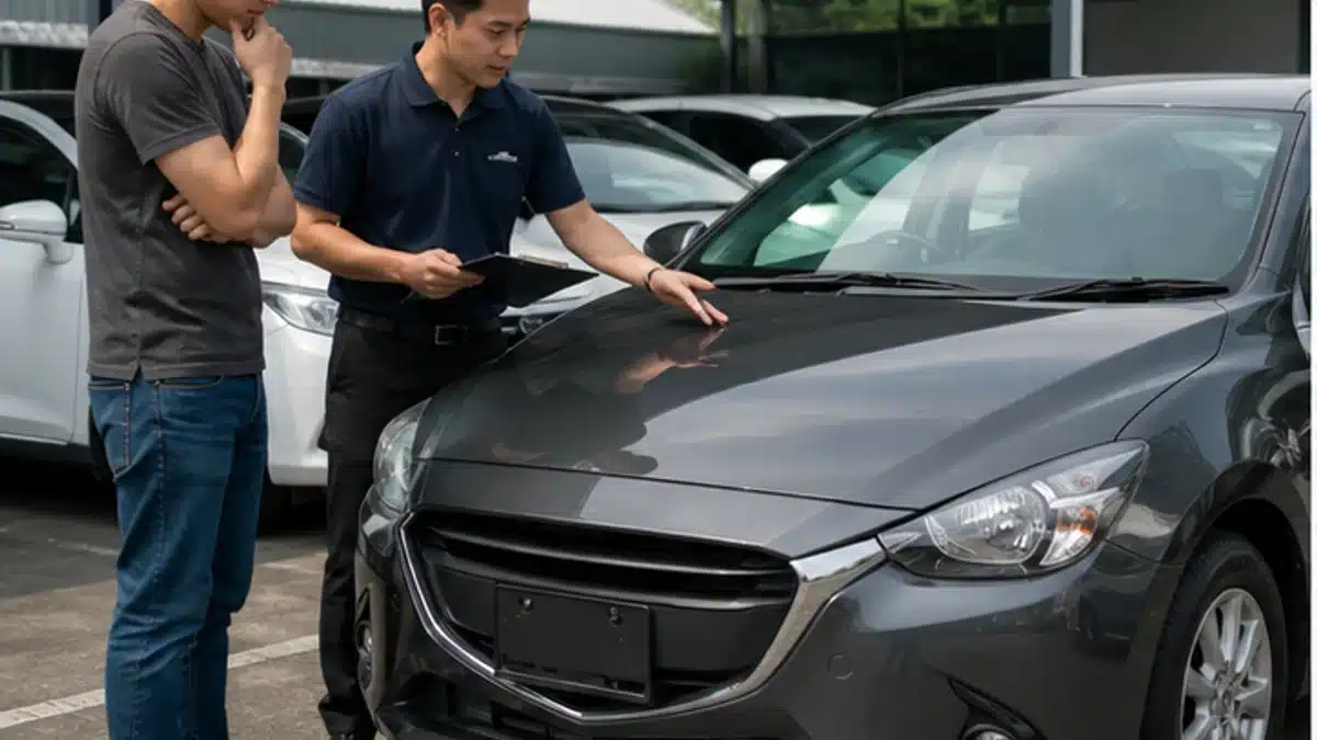 ผู้ซื้อและผู้ตรวจสภาพกำลังดูรถมือสองก่อนตัดสินใจจ่ายเงิน